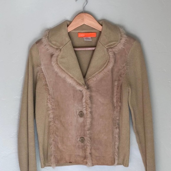 CYNTHIA CYNTHIA STEFFE Women's Tan Suede/Rabbit Fur/Knit Three Button Coat sz M - Picture 2 of 8